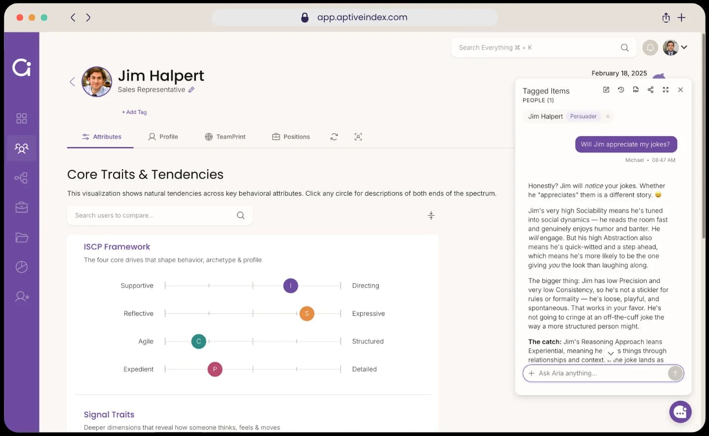 Aptive Index profile view with Aria AI assistant