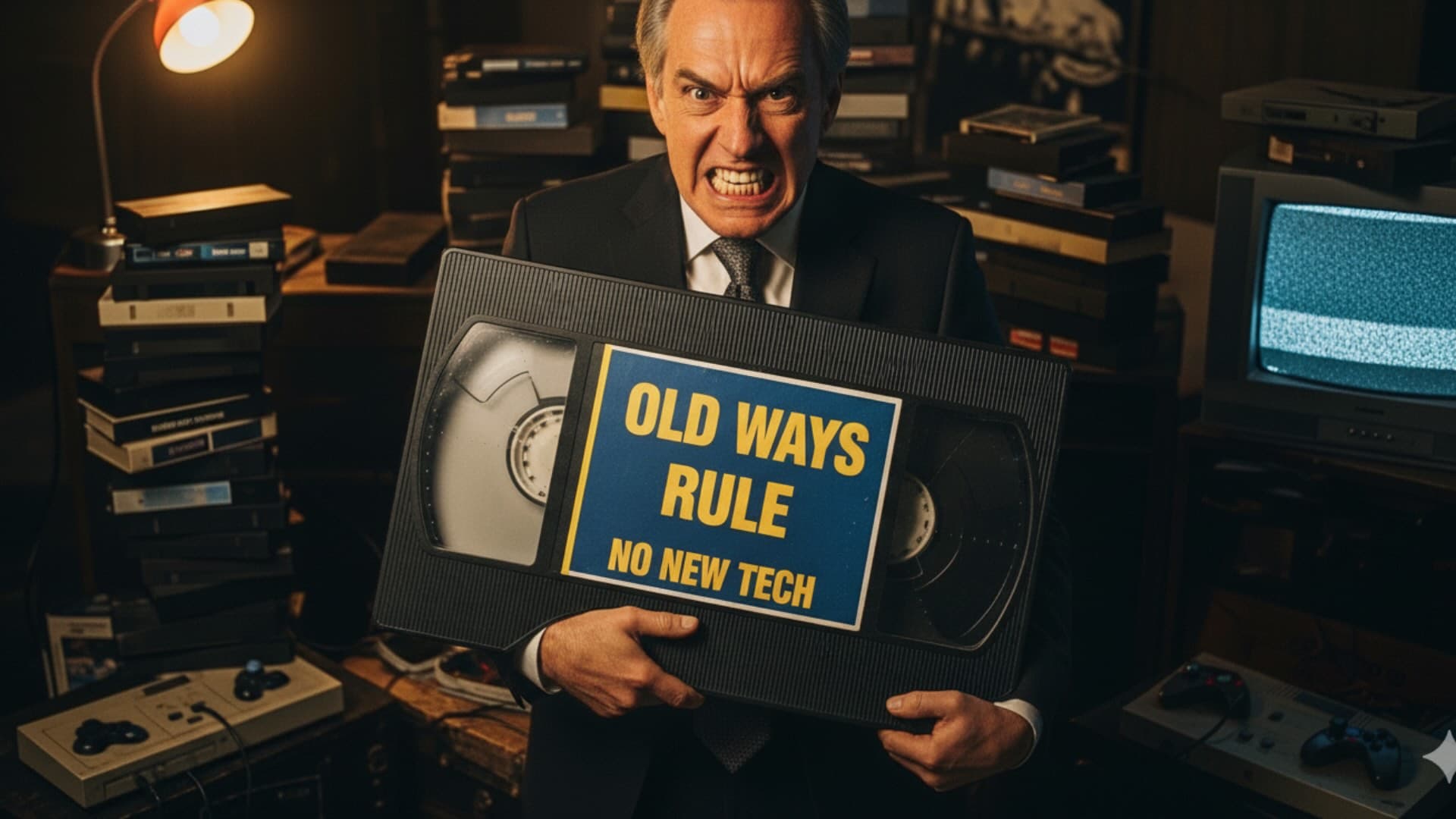 Old man executive holding onto outdated tech