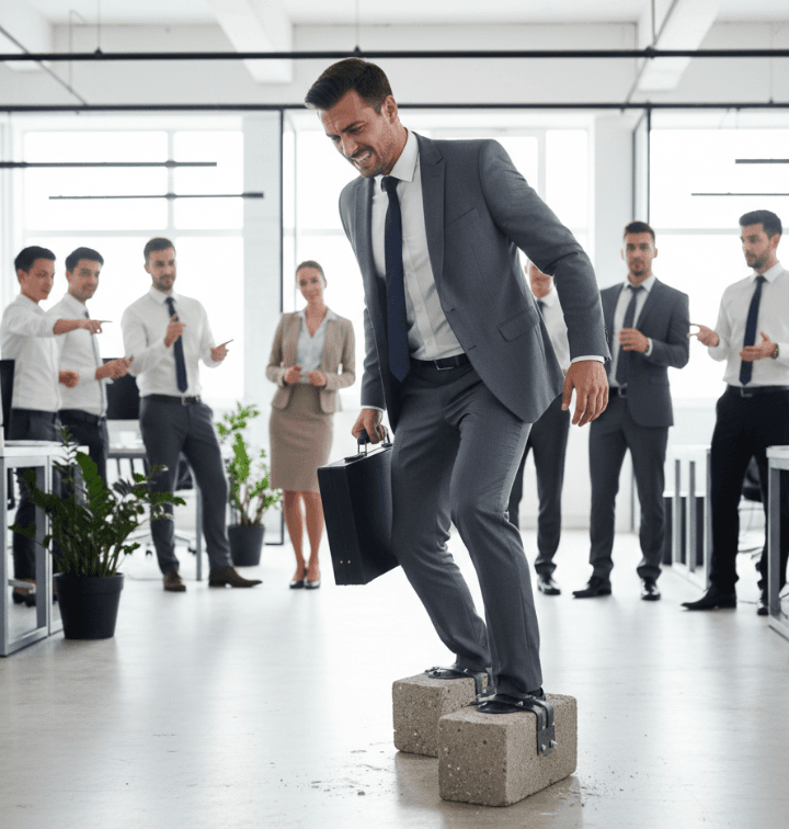 A man in a suit and tie, balancing on cinder blocks, smiles while holding a briefcase.