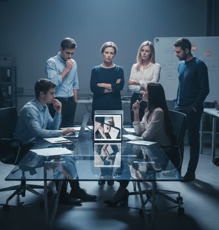 A diverse group of office professionals standing around a glass conference table in a dimly lit room, looking anxious and uncertain