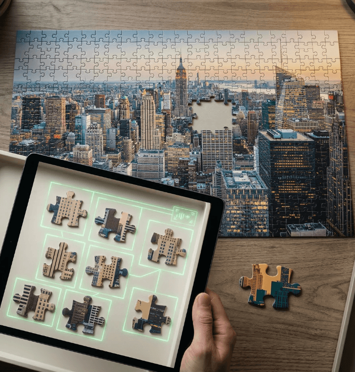 A tablet shows eight potential puzzle pieces, all boxed in green. These pieces look remarkably similar—they share the same muted tones and generic building patterns. They represent candidates who "fit the mold" perfectly.