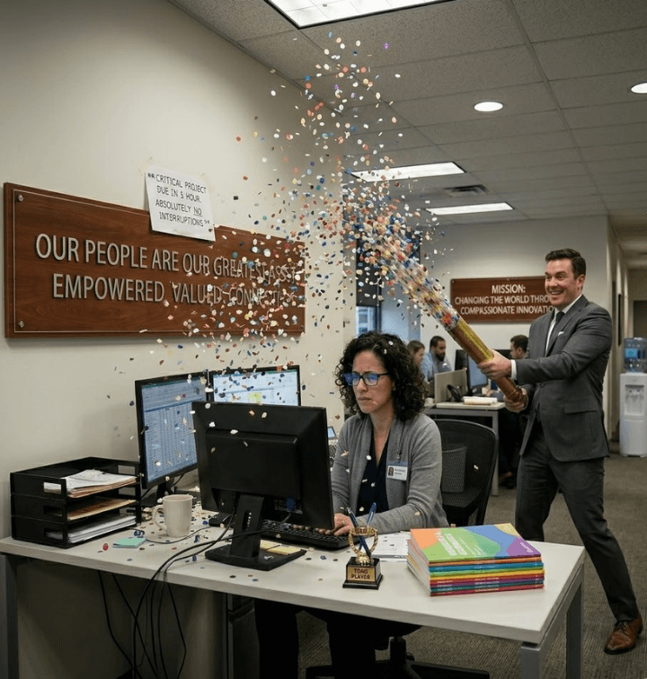 Office employee focused intensely at her desk while a smiling executive bursts confetti behind her in a corporate hallway, highlighting the contrast between performative workplace culture and real employee experience.