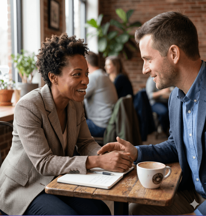 A business meeting in a modern coffee shop where a client and account manager share a genuine moment of connection. The client's face shows relief and recognition—the moment when they realize they're being truly understood. Both lean in attentively toward each other over a notebook, their body language showing trust and mutual engagement. Warm, natural lighting and a blurred background of plants emphasize the genuine human connection happening in this moment.
