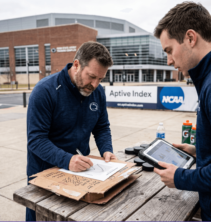 Two men, wearing blue Penn State pullovers, look at data at an outdoor table; one writes on a paper placed on top of a flattened cardboard box while the other holds a tablet with charts.